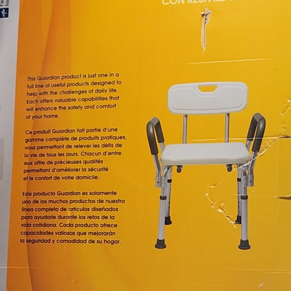 Guardian Aluminum Frame Height Adj Bath Bench w/Back and Arms Holds up to 350lbs - Picture 12 of 16